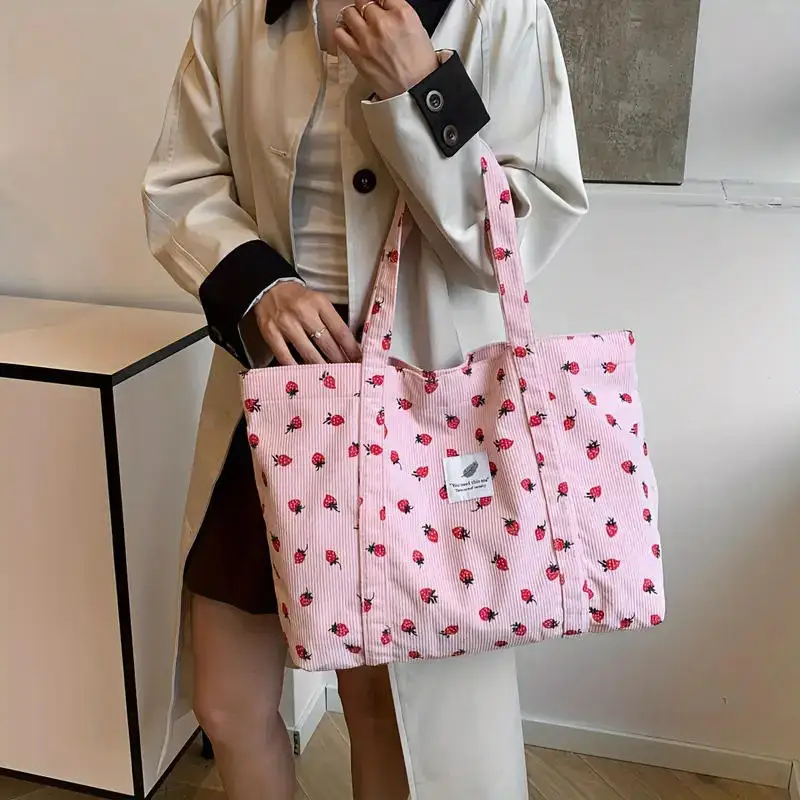

High-capacity Corduroy Strawberry Print Women's Bags Commuting Tote Shoulder Bag Lovely Handbag Grocery Bag For Women