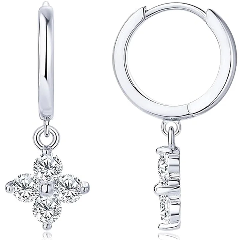 

Mini Flower Dangle Huggie Earrings for Women Dainty 925 Silver Plated Cubic Zirconia Small Hoop Earrings with Charm Drop Jewelry