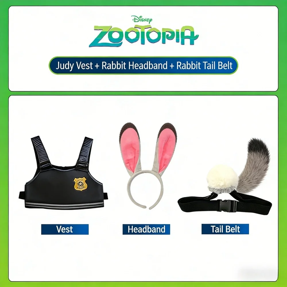

Оригинальный костюм для косплея Disney Zootopia, комплект из 3 предметов: костюм Джуди и Ника с повязкой на голову, жилетом и поясом для девочек, для Хэллоуина, карнавала, вечеринки