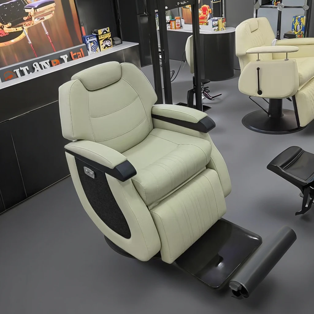 

High Quality Barbershop Furniture Beige Leather Reclining Styling Chair Modern Electric Adjustable Shaving Salon Chair