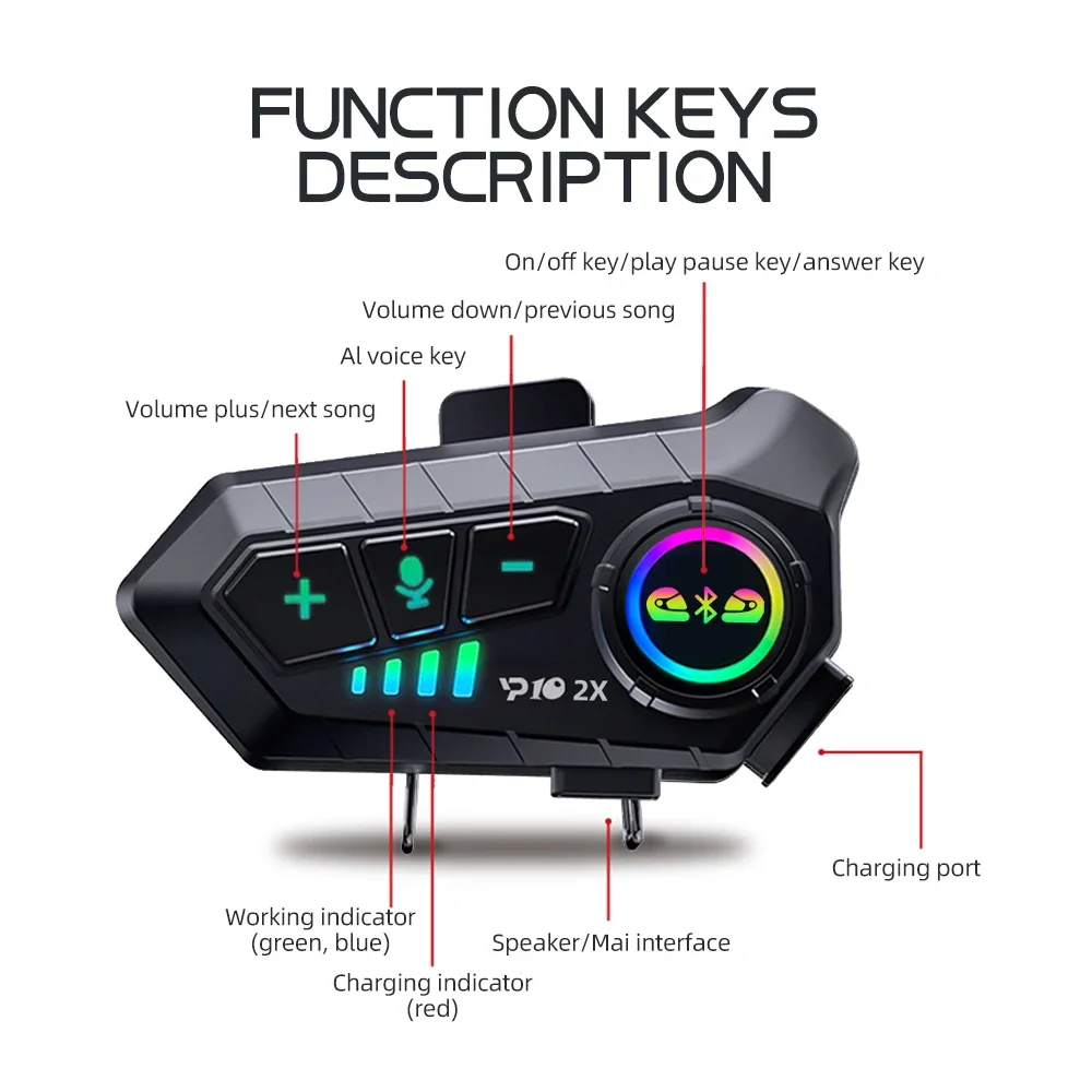 Interfono de música para casco de motocicleta, intercomunicador con Bluetooth 5,3, impermeable, 300m, reproducción de música y llamadas simultáneamente, 1/2x