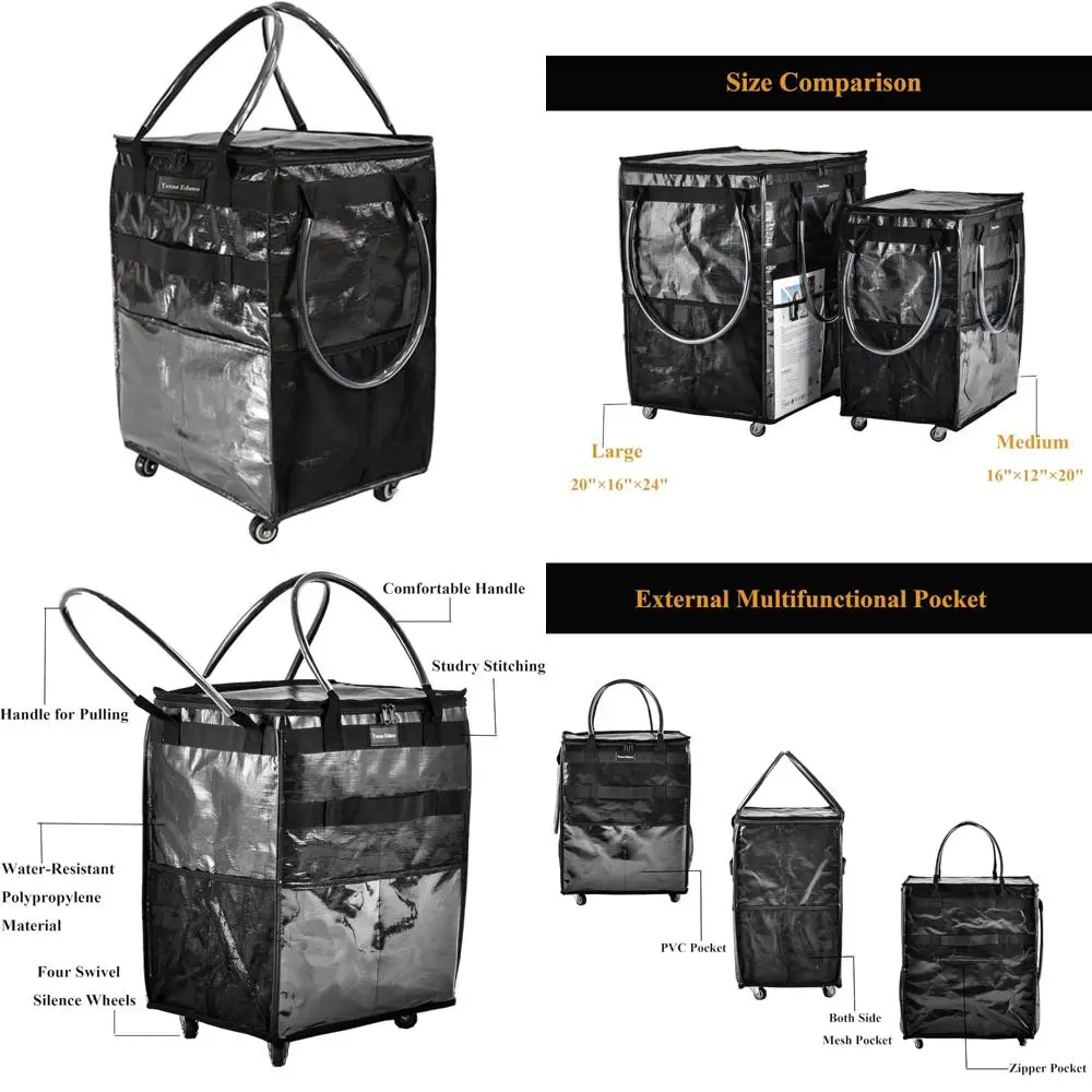 รถเข็นช้อปปิ้งแบบมีล้อขนาดใหญ่พร้อมดีไซน์พับได้ ที่จับแบบรับน้ำหนักได้มาก และช่องเก็บของด้านนอกสำหรับใส่ถุงช้อปปิ้งแบบใช้ซ้ำได้