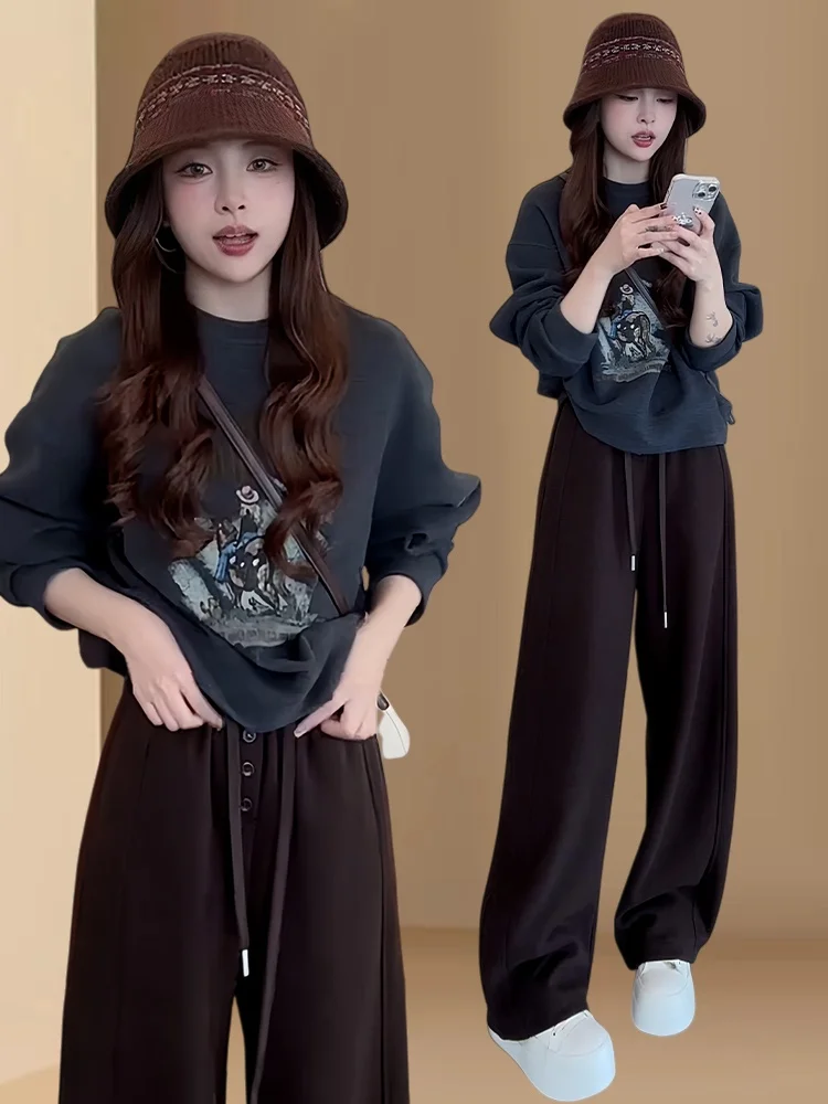 Sweat-shirt et pantalon à jambes larges pour femmes, ensemble deux pièces décontracté et polyvalent, amincissant, nouvelle collection automne hiver, tapis ular...