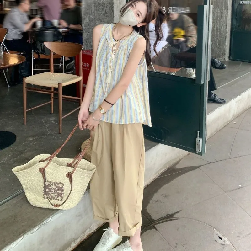 

Women Clothing Summer Fashion Simplicity Printing Color Blocking O-neck Female All-match Appear Thin Sleeveless Tank Top Top Tee