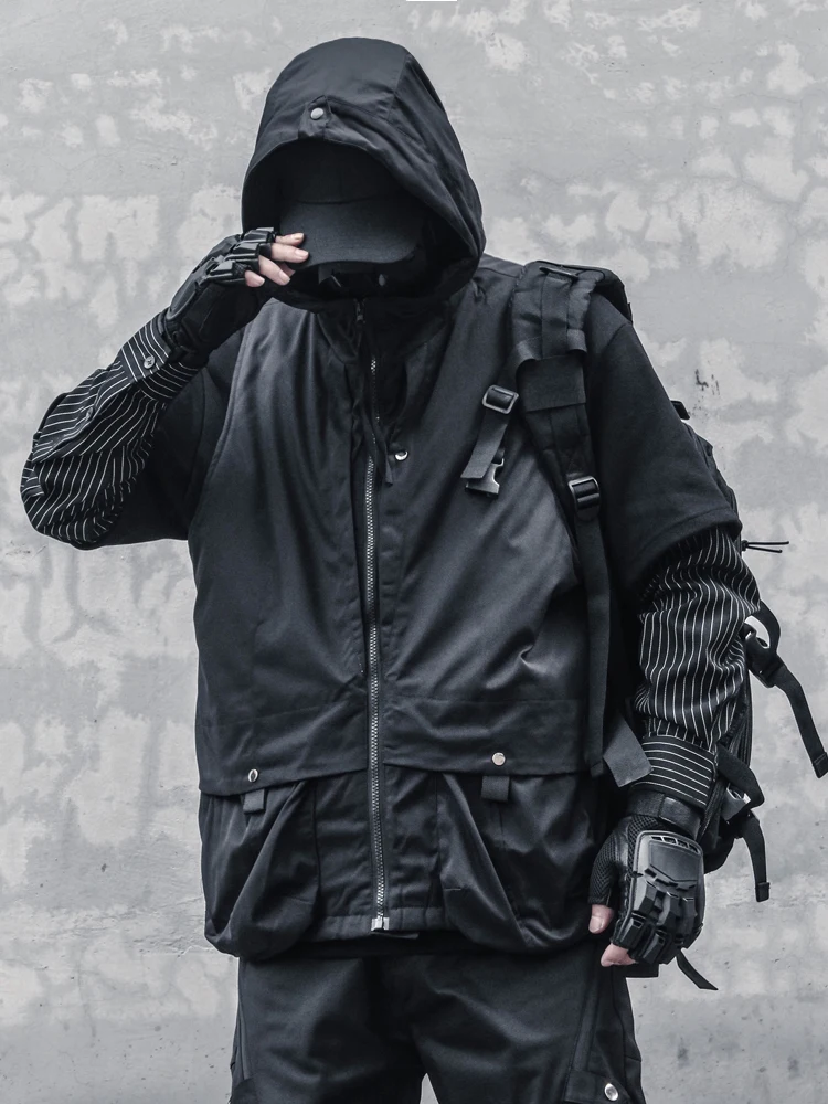 

Авангардный зимний теплый стиль Techwear, уличная одежда, сюртук, жилет, мужской темный утепленный хлопковый стеганый жилет с капюшоном, пальто