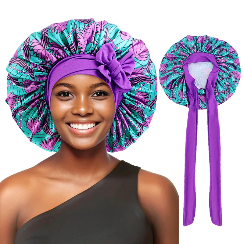 

New African Women Elastic Band Large Bonnet with Long Ribbons Adjustable Shower Cap Satin Hair Wrap Night Cap for Curly Hair