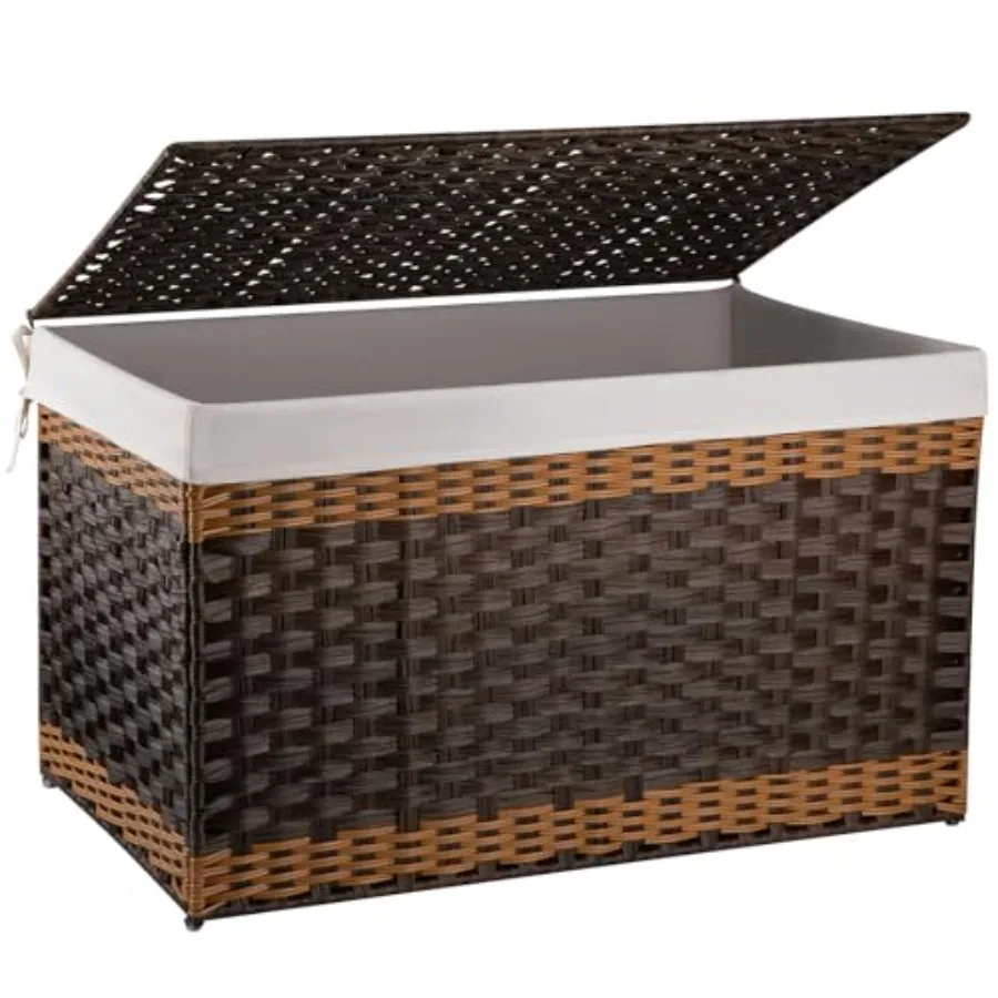 

Storage Basket with Lid 42.3 Gallon 160L Blanket Basket in Brown Synthetic Wicker Hamper with Removable Liner Bag Foldable Desi