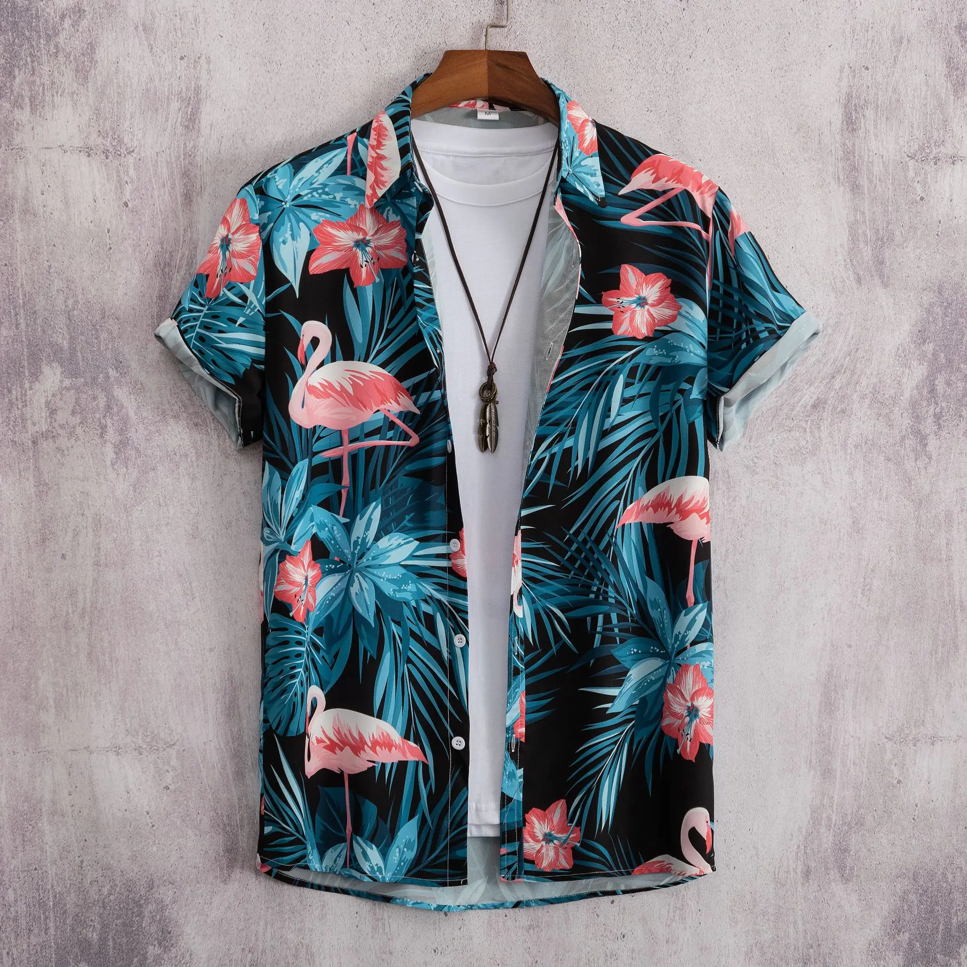 2024 New Summer Men\'s Shirt Hawaiian Short Sleeve Holiday Beach Shirt Pink 3D Printed Flamingo Pattern Harajuku Party Lapel Top