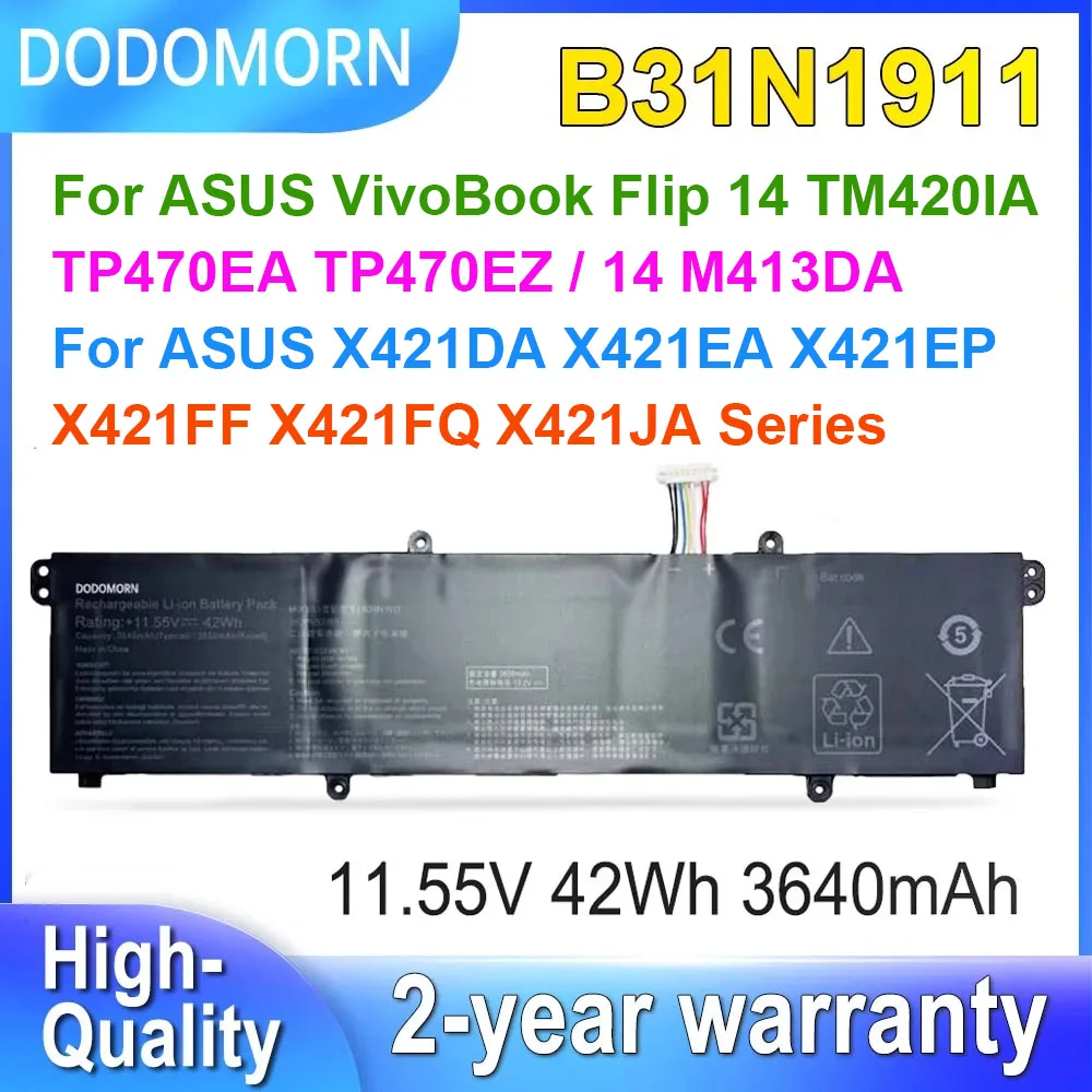 

Аккумулятор DODOMORN B31N1911 для ноутбука ASUS VivoBook Flip 14 TM420IA TP470EZ TP470EA M413DA X421DA X421EA C31N1911, 11,55 в, 42 Вт/ч