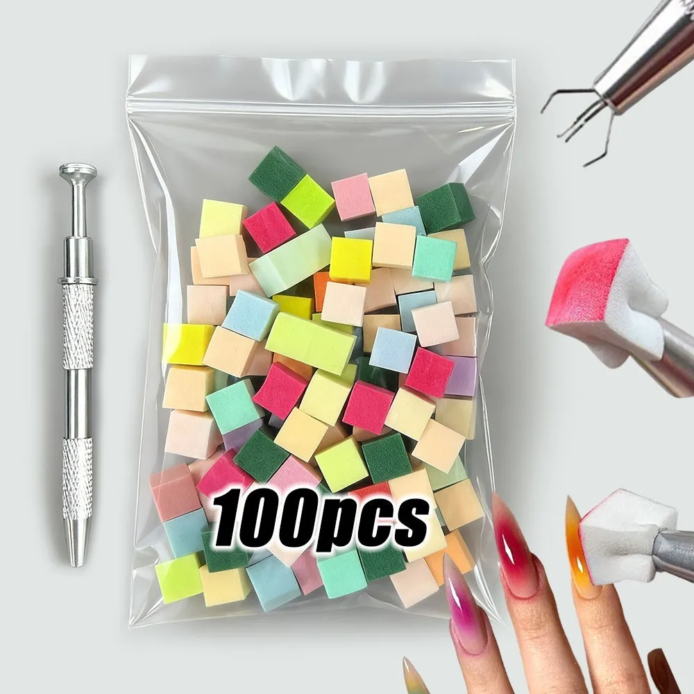 50/100 pçs colorido mini quadrado esponja de unhas + graça caneta conjunto 10mm gel polonês gradiente unhas escova macia quadrado mancha ferramenta diy