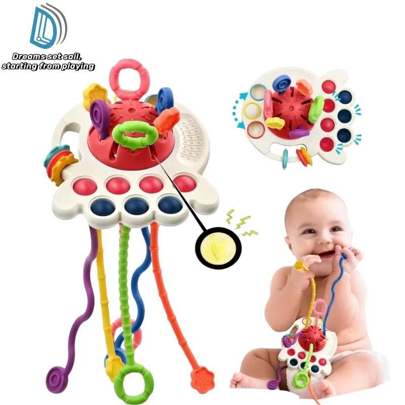 High Quality Soft Diy Stacking Building 3D Rubber Block Rings Pull String Block Baby Teething Toy Silicone Sensory Toys Set