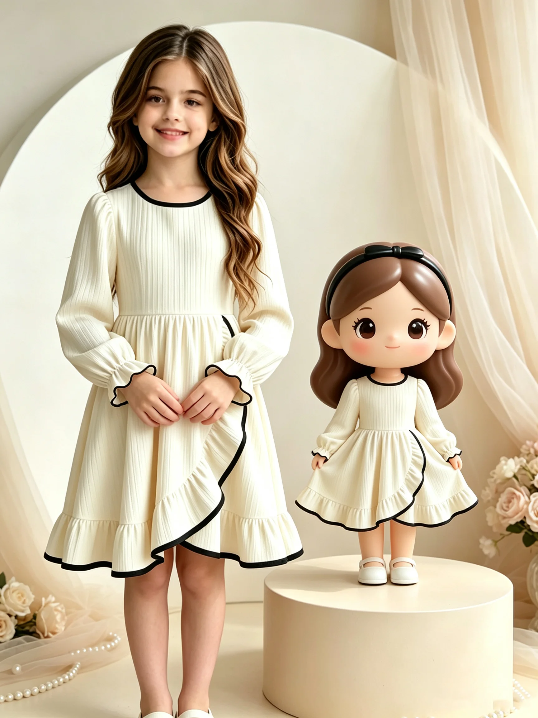 Girls round Neck Long Sleeve Dress Waist Cinched Bow Tie Stripe Skirt Slit Children's Fashion Outfit
