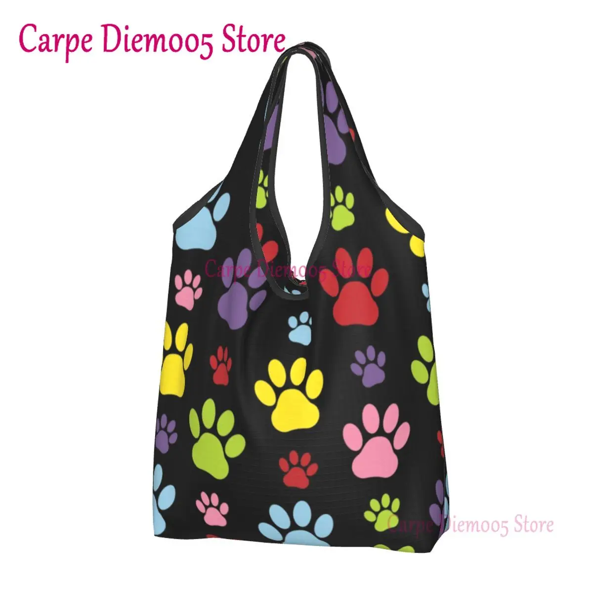 Colorful Paws Pattern Grocery Shopping Bags Cute Shopper Tote Shoulder Bags Big Capacity Portable Dog Paw Prints Pet Handbag