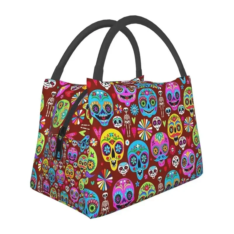 

Cute Day Of The Dead Sugar Skull Insulated Lunch Bags Women Halloween Patterns Lunch Container for Work Travel Meal Food Box