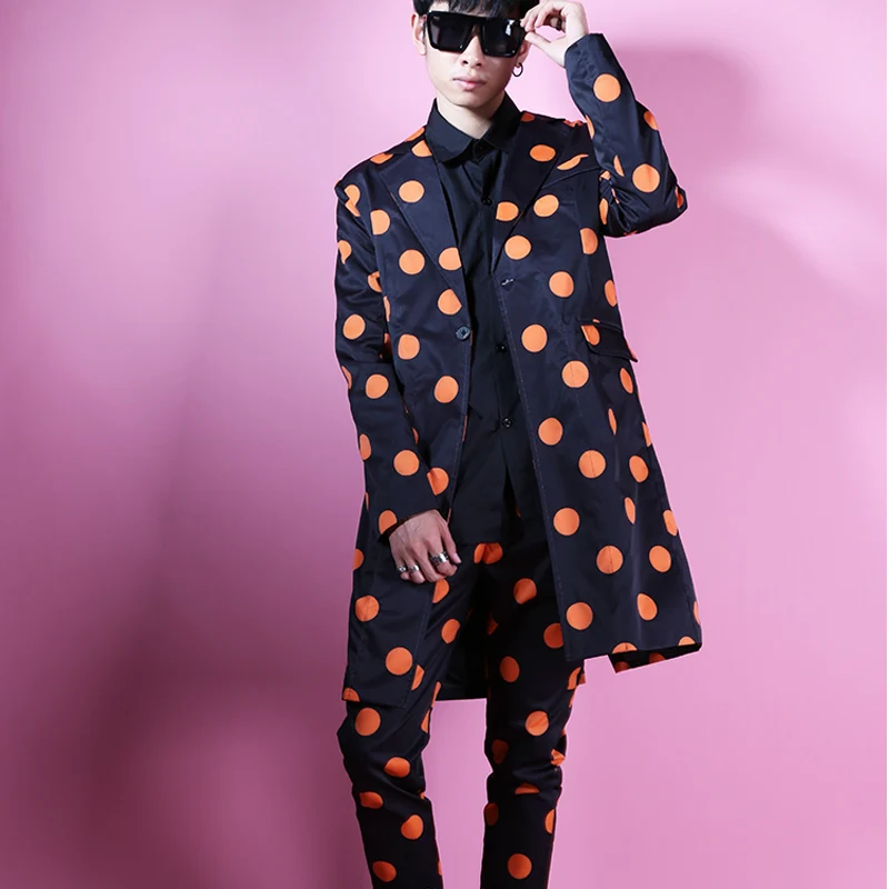 Hot New Nightclub Male Singer Coats Personality Orange Wave Point Long Suit Tide Men Slim Suits Bar Hairdresser Dress Jackets