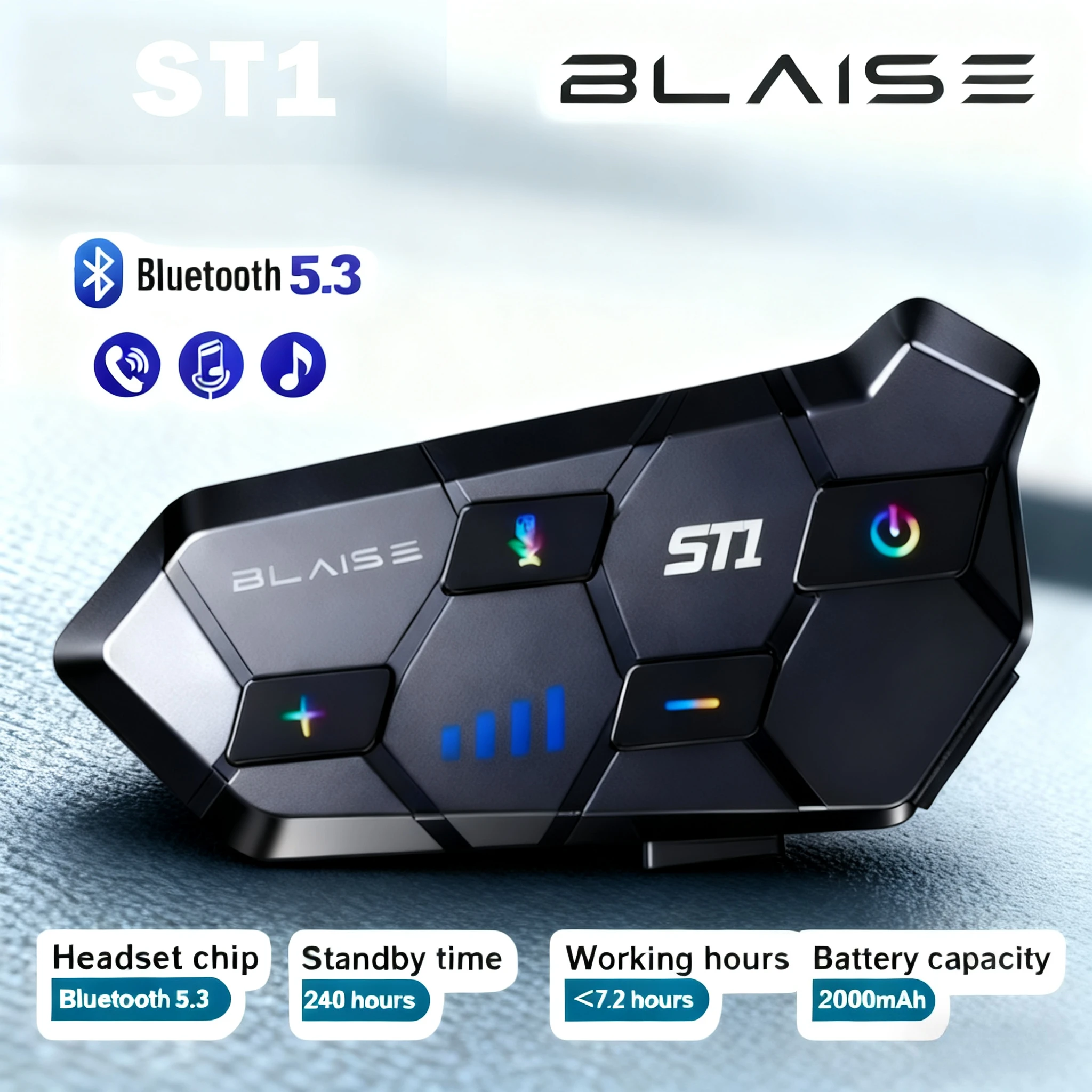

BLAISE ST1 Motorcycle Helmet Bluetooth Headset 2000Mah Wireless Hands-free Waterproof Motorbike Earphone Colorful lighting BT5.3
