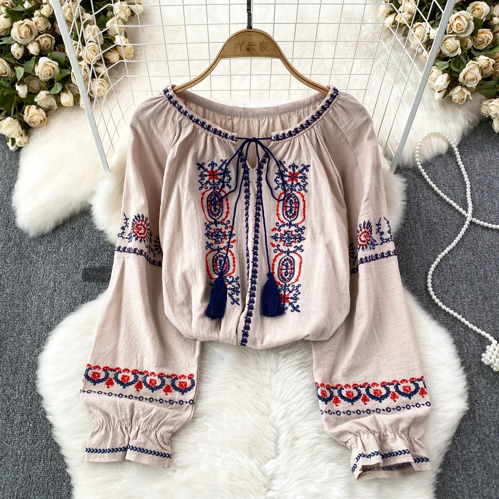 Chic Sweet Embroidery Tassels Long Sleeve Loose Blouse Elegant French Fashion Sexy Shirt Spring Autumn Women Crop Top