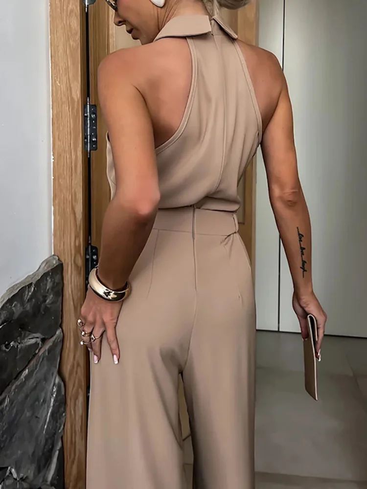 2024 New Spring Summer Women Sleeveless Jumpsuits, Wide Leg Pants Loungewear Playsuits, Patchwork Pocket Simple Ladies Bodysuits