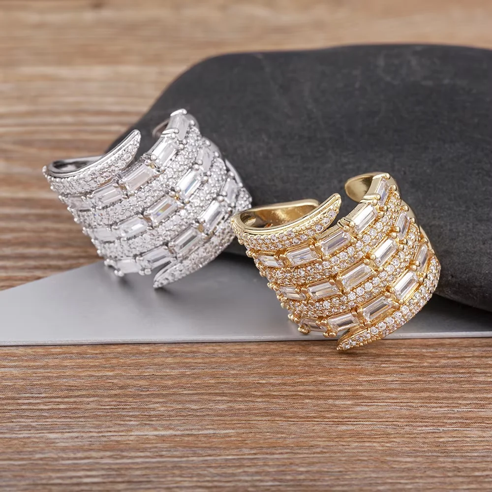 Gold Sliver Color Thumb Board Rings For Women Luxury Geometric Pave Zircon Open Adjustable Finger Ring Men Hand Accessories