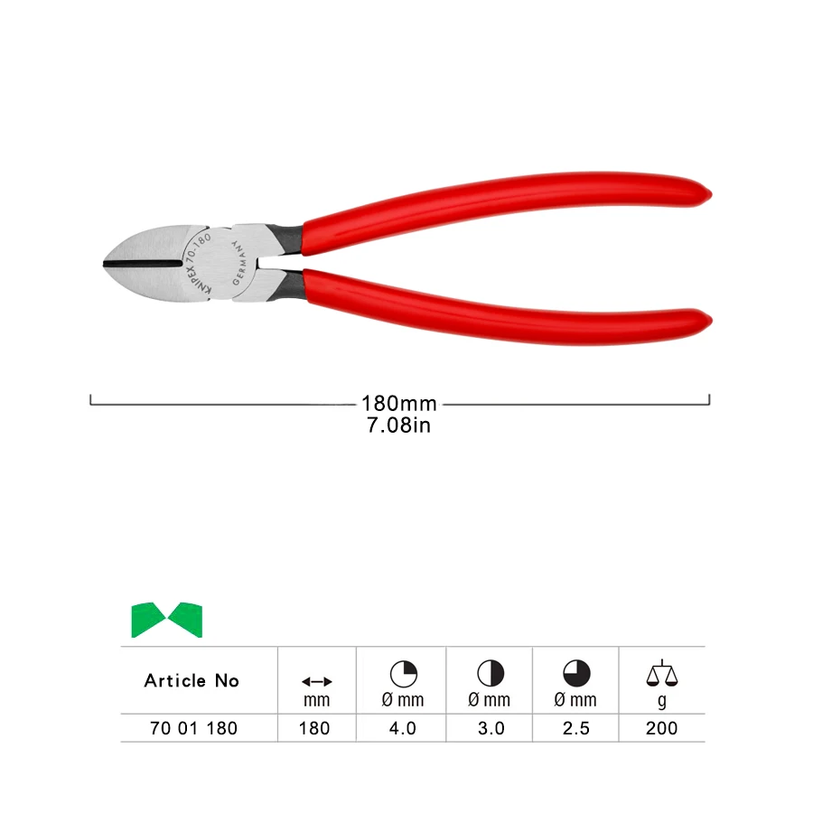 KNIPEX Precise Diagonal Cutter Wire Cable Diagonal Side Cutter Cutting Pliers Plastic Coated Handles Hand Tools 70 01 180