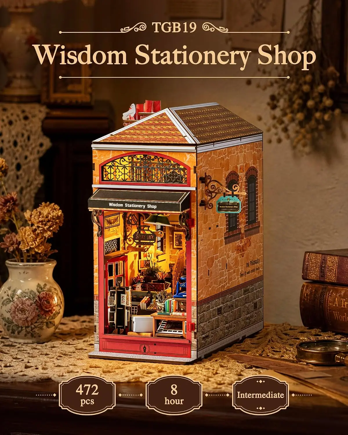 Wisdom Stationery Shop DIY Book Nook Kit, 8-Hour Advanced Level 3D Wooden Puzzle, Bookshelf Insert Decor, Miniature House Kit wi