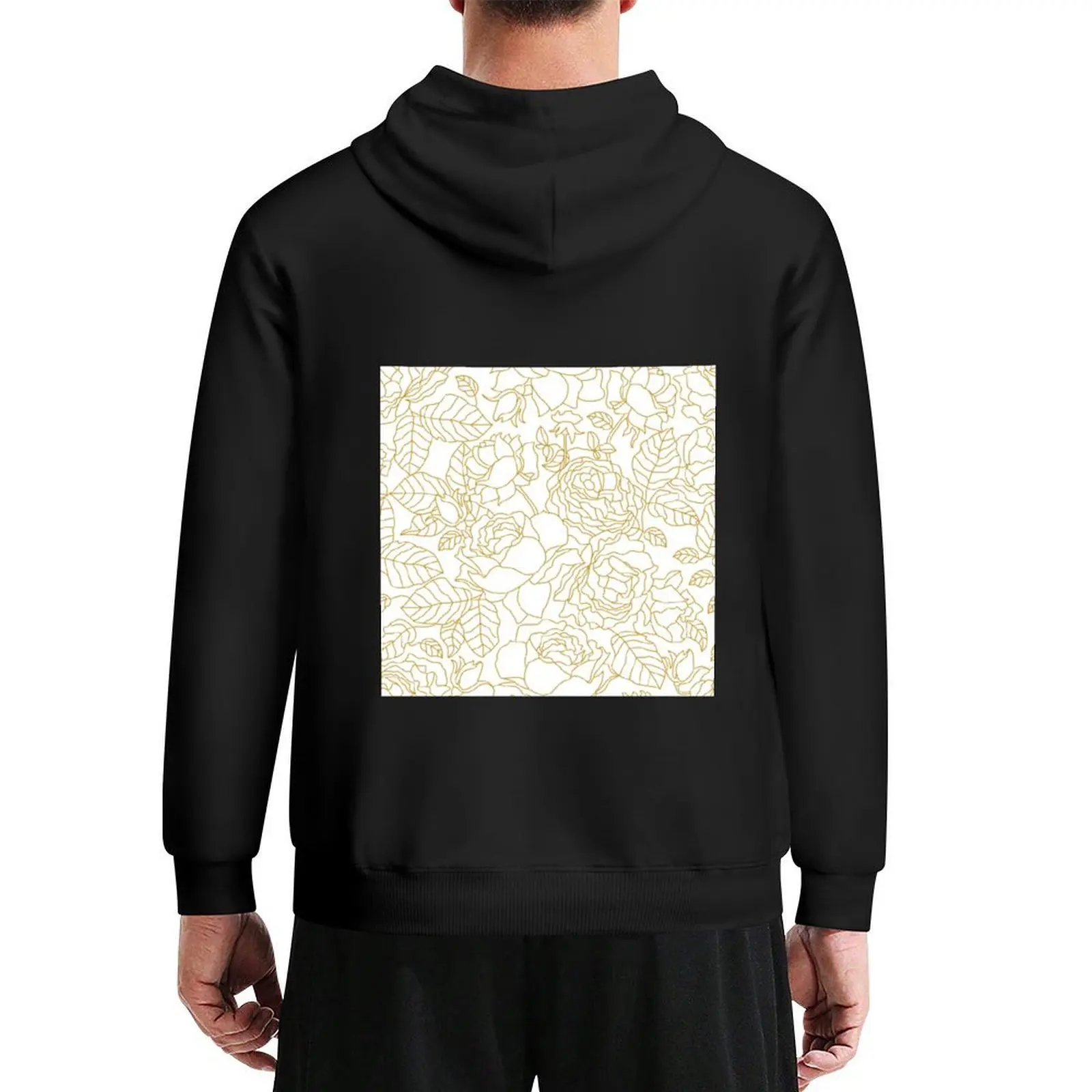 

White and golden linear pattern with blooming summer roses and leaves. Hoodie aesthetic clothing blouse men clothes man hoodie