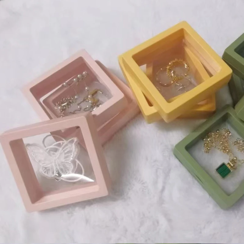 

10pcs Jewelry Storage Box 7cm 9cm 11cm Pink Yellow Green Colorful Square 3D Plastic Membrane Transparent Case Gift Packaging