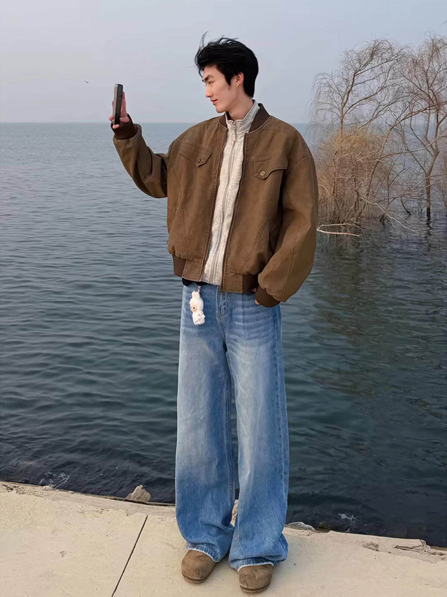 

Blue Cleanfit Men's Jeans mid Waist Water Washed Straight Leg Bell Bottoms Trendy Handsome All Seasons Durable Casual Trousers