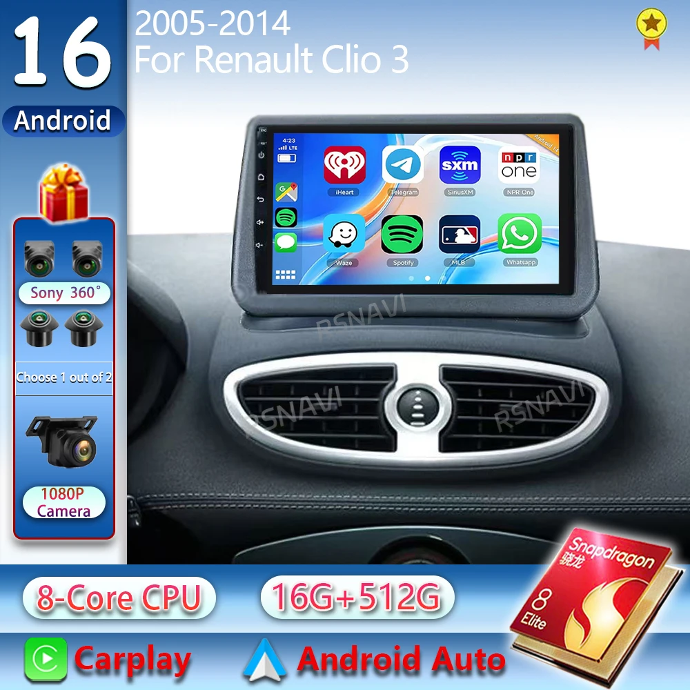 Android 16 For Renault Clio 3 2005-2016 2K QLED Car Radio Android Multimedia Video Player GPS Stereo 4G Head Unit CarPlay