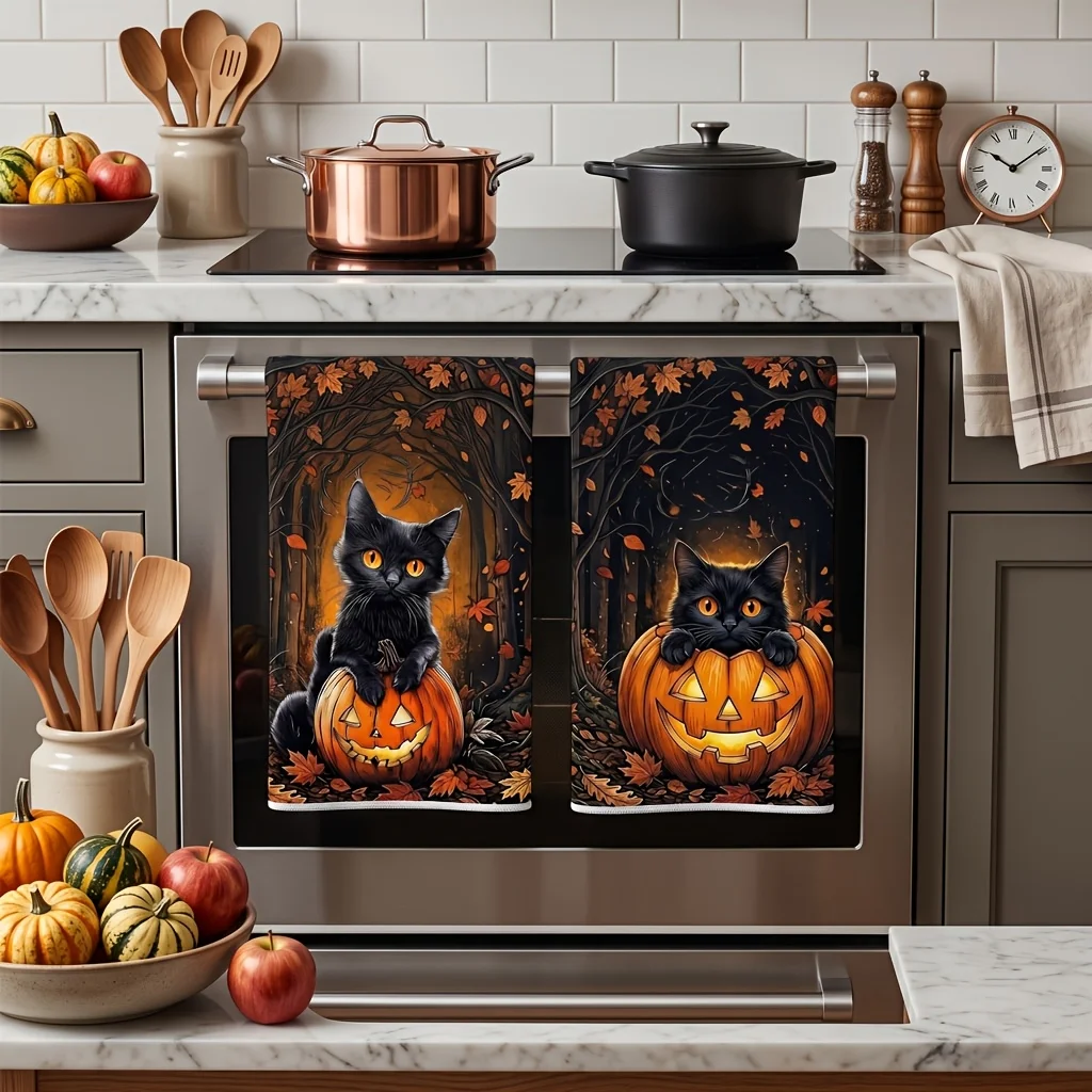 2-Pack retro dark cute black cat pumpkin autumn maple leaf print kitchen towel microfiber high absorbent dishcloth tea towel