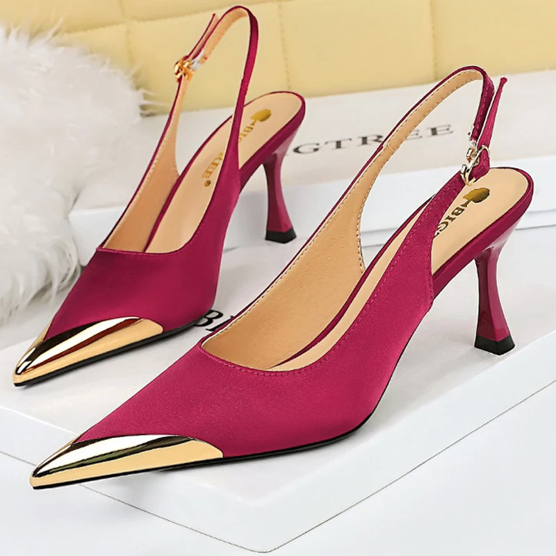 BIGTREE Shoes Women 7 Cm Heels Metal Pointed Women Pumps Silks Satins Kitten Heels Hollow Back Women Sandals Sexy Lady Pumps