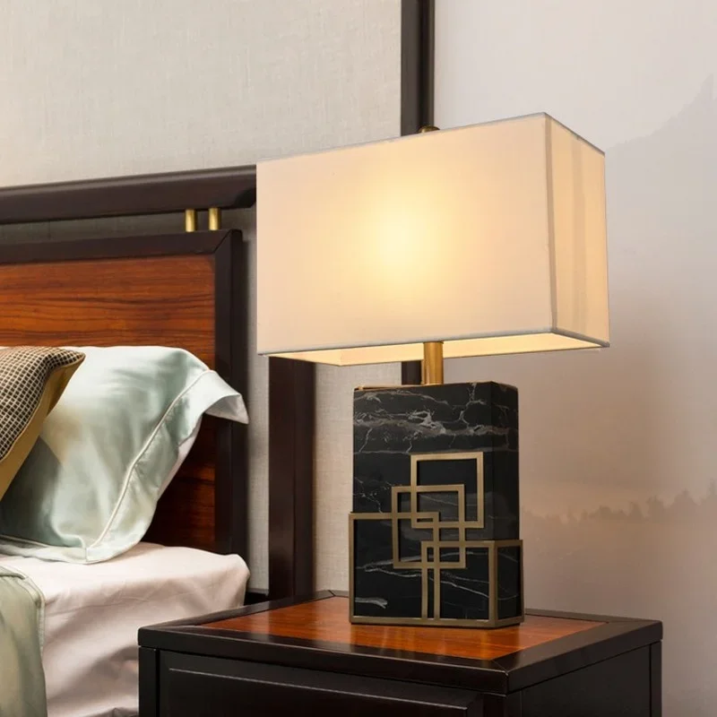 Chinese Style Table Lamp Marble Light Fabric Shade Home Office Hotel Decoration E27 Chandelier Fixtures Lamps Lighting