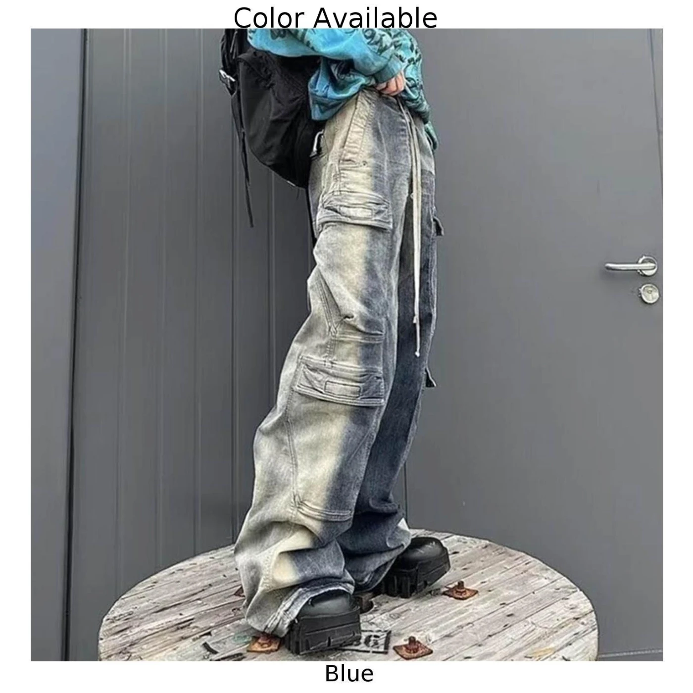 Men Pants Gradient Jeans Multi-pockets Drawstring Oversized Polyester Ribbons Streetwear 1 Pc Baggy Comfortable