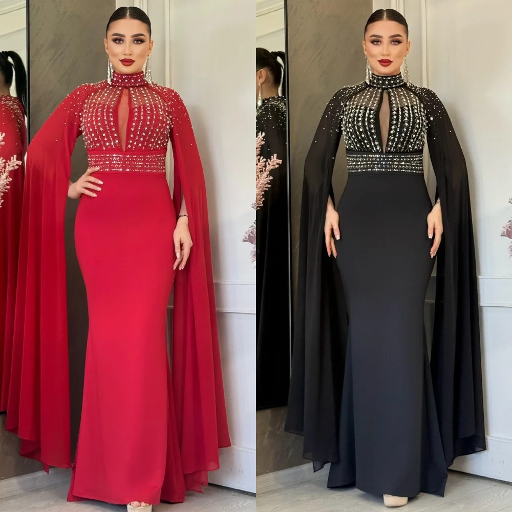 Индивидуальные замысловатые блестящие трикотажные платья со стразами и складками Русалка с высоким воротником Длинные платья на заказ Высокое качество Сексуальные платья