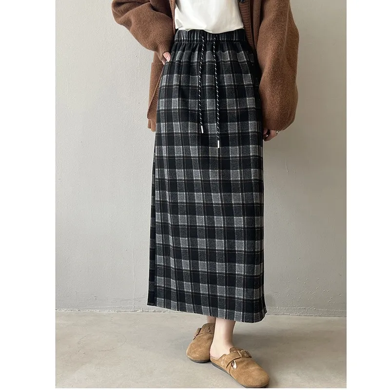 2024 New Arrival Autumn/winter Korea Style Women Loose Fit Casual Plaid A-line Skirt High Waist Woolen Ankle-length Skirts V219