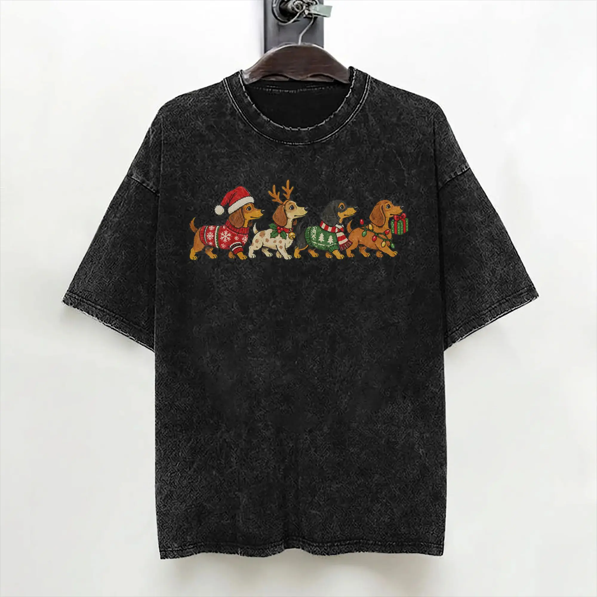 Cartoon Dachshund Christmas Cute Puppies T Shirt Washed 100% Cotton Oversize T-Shirt for Men Women Streetwear Summer Tees
