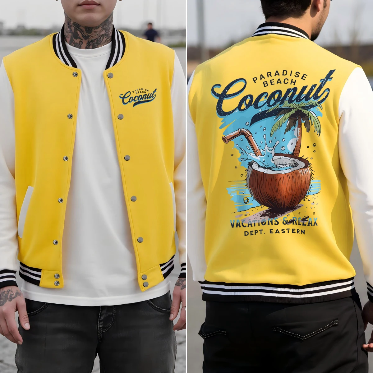 

Pardise Beach Cocount Vacation Relax Printing Men Baseball Uniform Cotton Loose Jacket Casual Autumn Colorful Sportswear