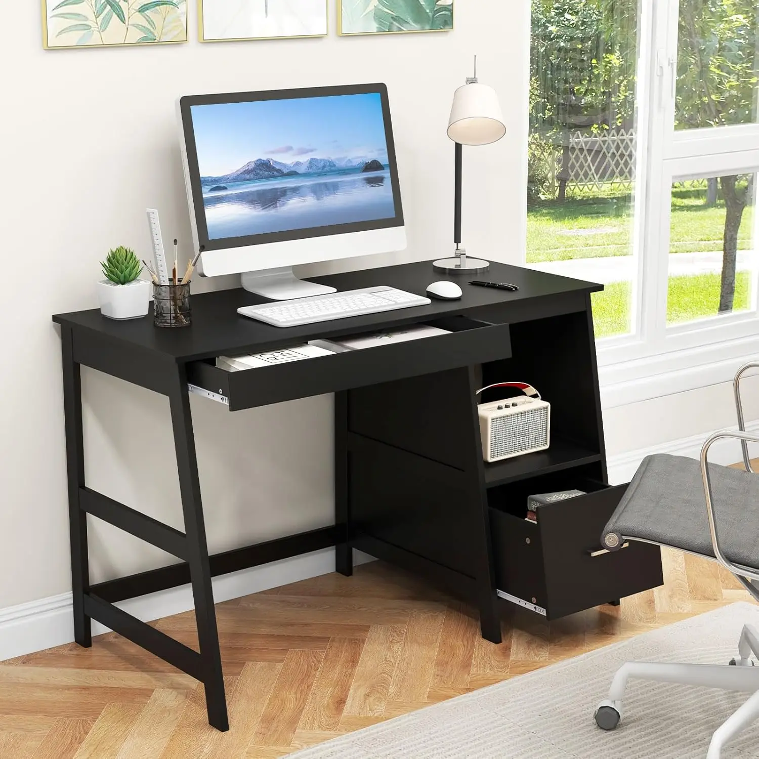 with 2 Storage Drawers, Small Computer Table Study Writing Desk, Modern Home Office Desk Study Desk with Storage Space (Black)