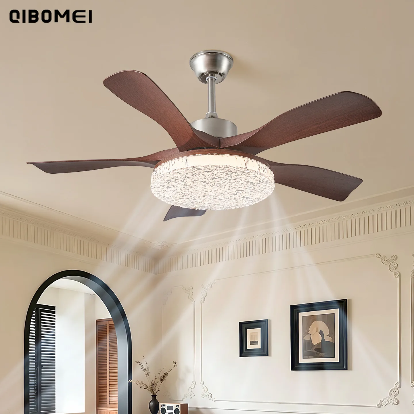 LED Ceiling Fan Light DC Brushless Motor Full Spectrum Voice Control Remote 6 Speed Timer Silent Reversible for Bedroom