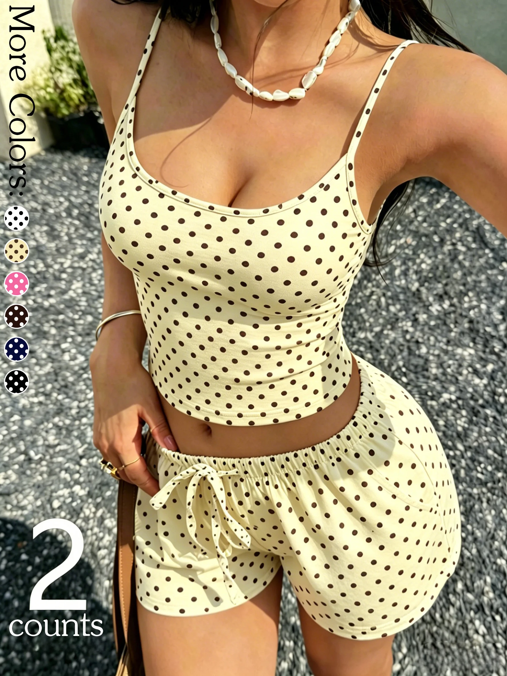 Women Polka Dot 2 Piece Set Spaghetti Strap Crop Top Drawstring Shorts, Casual Summer Icecream Shorts Outfits