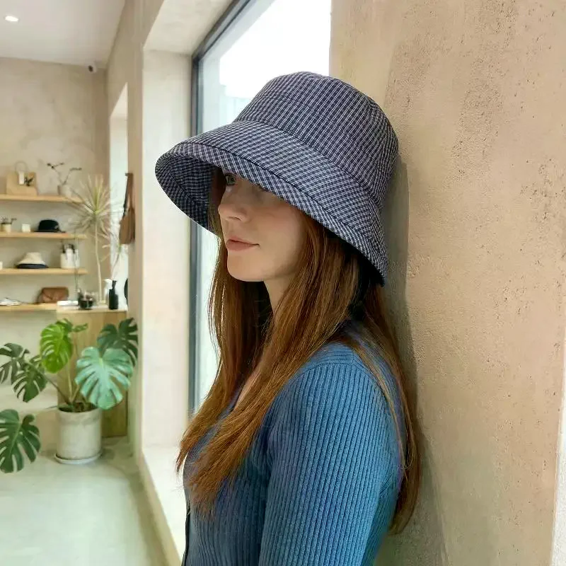 Womens Plaid Fisherman Cap Summer Rolled Edge Bow Bucket Hat Breathable UV Shield Sun Cap for Beach Holiday Travel