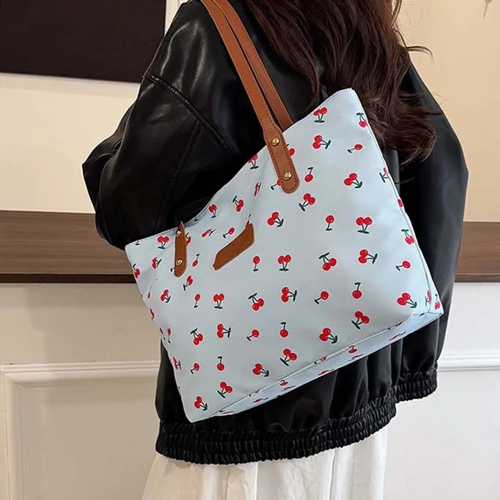 Korean Style Cherry Printed Tote Bag Solid Color Lightweight Patterned Canvas Handbag Trendy Large Capacity Women Shoulder Bag