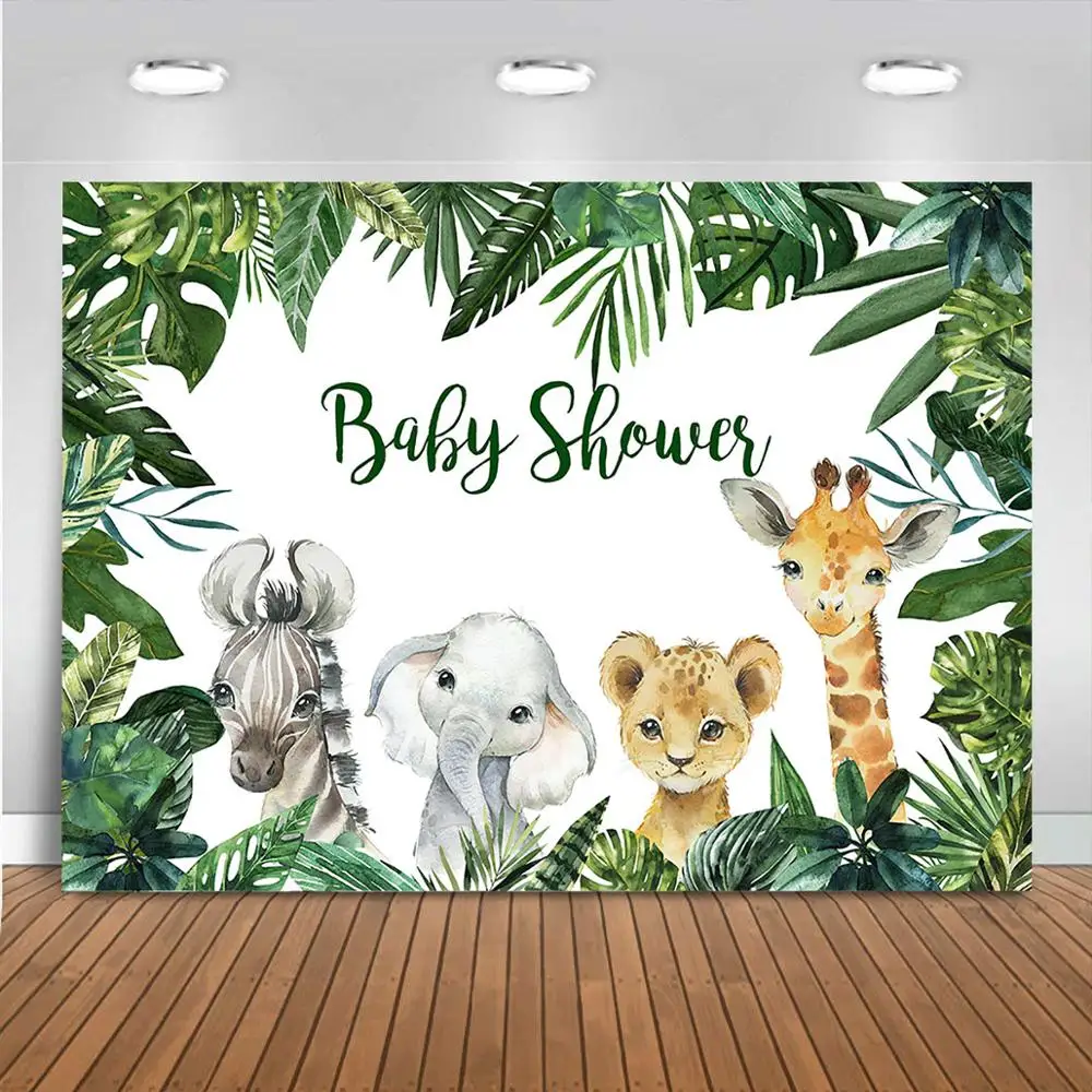 야생 한 배경 녹색 잎 사파리 동물 배경, 정글 동물 야생 한 생일 베이비 샤워 파티 배너