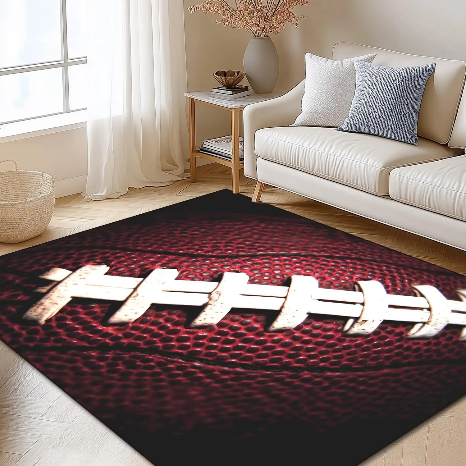 Football Rugby Close-up Area Rug, Washable Non Slip Carpet for Kids Bedroom Living Room, Versatile Sports Home Decor