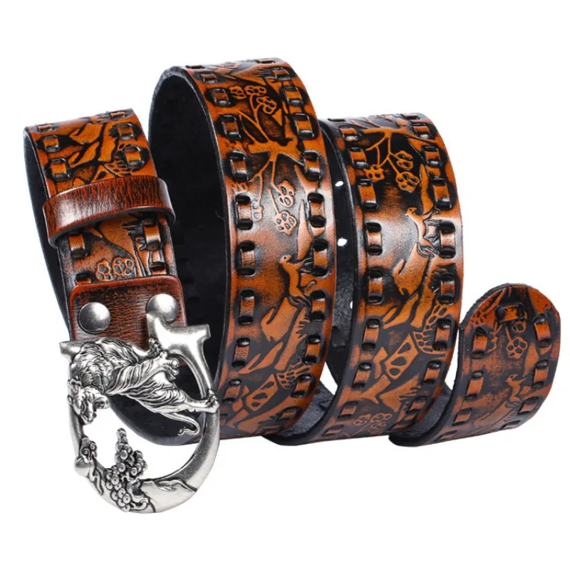 

Woven pattern luxury genuine leather belt for women personalized embossed retro tiger buckle for men's Pin Buckle Cowskin belt