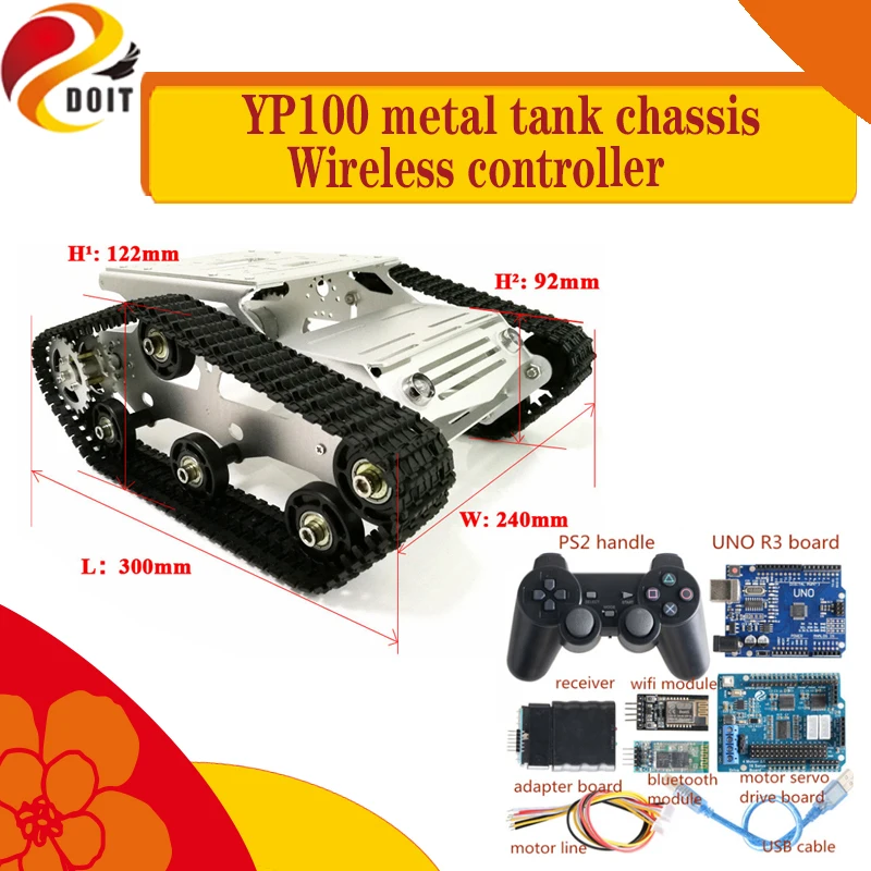 

Wireless Control YP100 Metal Smart RC Robot Tank Chassis Kit Wifi/ Bluetooth/ Handle Controller DIY For Arduino Free Code,App