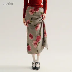 ARTKA 2024 Autumn New Women Skirt French Elegant Satin Split Fishtail Skirts High Waist Flower Print Long Skirt Female QA92345Q