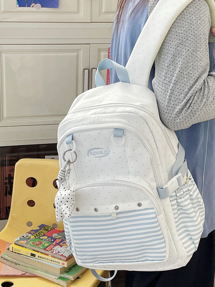 Korean Polka Dot Striped Large Capacity Backpack for High School Students Campus Beauty Girls Junior High School Backpack