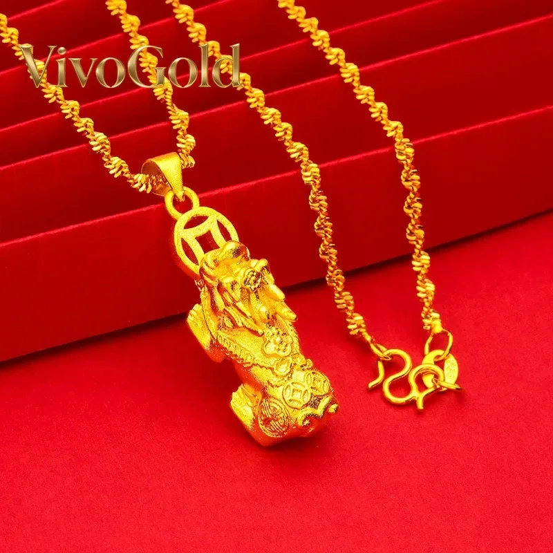 

VivoGold VivoGold Pixiu Coin Water Wave Necklace Pendant 24K Gold AU999 Unisex - Elegant, ideal for gifting luck & blessing