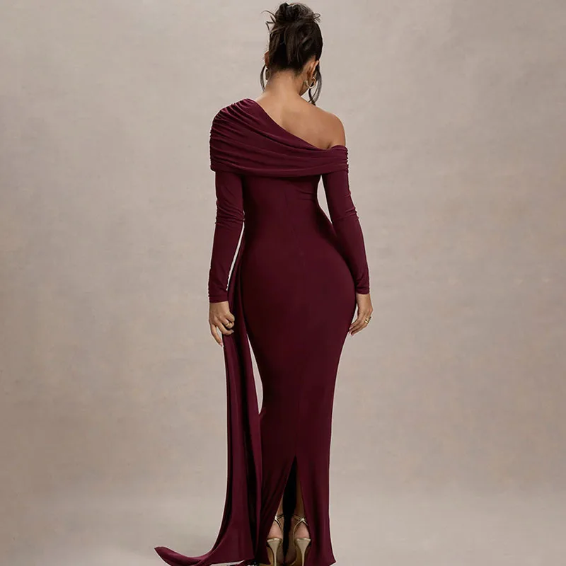 Apprabant Solid Color Sexy Slant Shoulder Float Belt Dress Long Sleeved Fashion Shrink Fold Slimming Split Fishtail Dresses